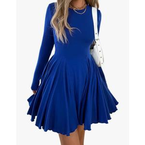 Mieazom Women’s Long Sleeve Casual Swing Dress – A-Line Fit and Flare Skater Dress, Stretchy Mini Dress for Fall Winter L