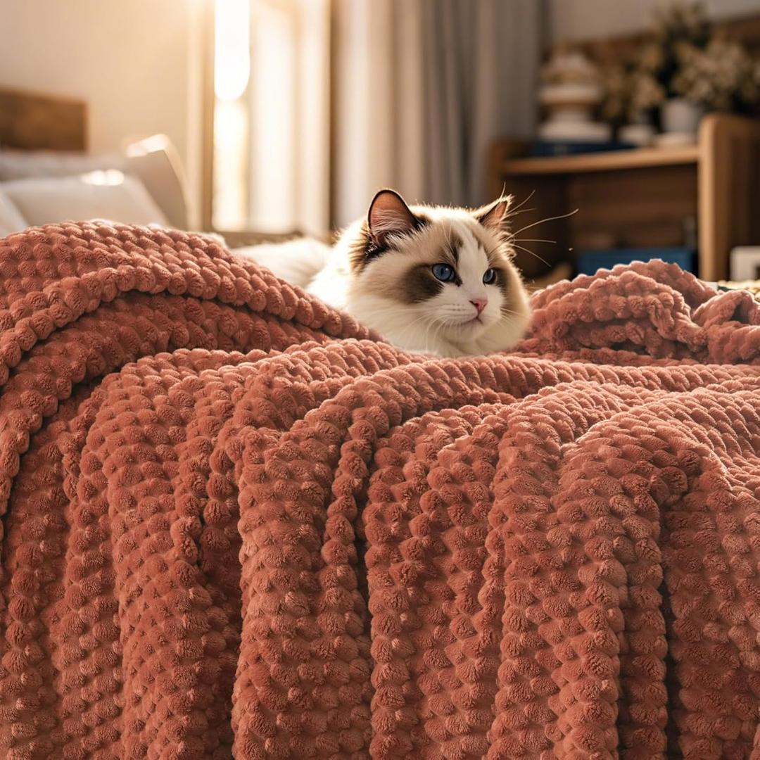 PHF Ultra Soft Flannel Fleece Blanket Queen Size, Lightweight 3D Jacquard Fleece Blanket, No Shedding, No Pilling, Luxury 340GSM Aesthetic Fluffy Cozy for Bed Room Decor, 90"x90", Terracotta