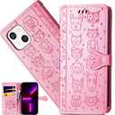 CCSmall for Apple iPhone 13 (6.1 Inch) Cartoon Cute Wallet Case,Cat Dog Style Flip Phone Cover with ID Card Holder PU Leather Cases for Apple iPhone 13 MG Pink
