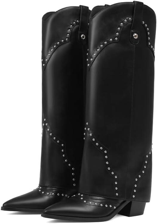 Shark Fold Over Cowboy Cowgirl Boots Studded - Knee High, Tall, Western, Slouch, Pointed Toe, Pull on, Fashion Boot, Dress
, Size 8