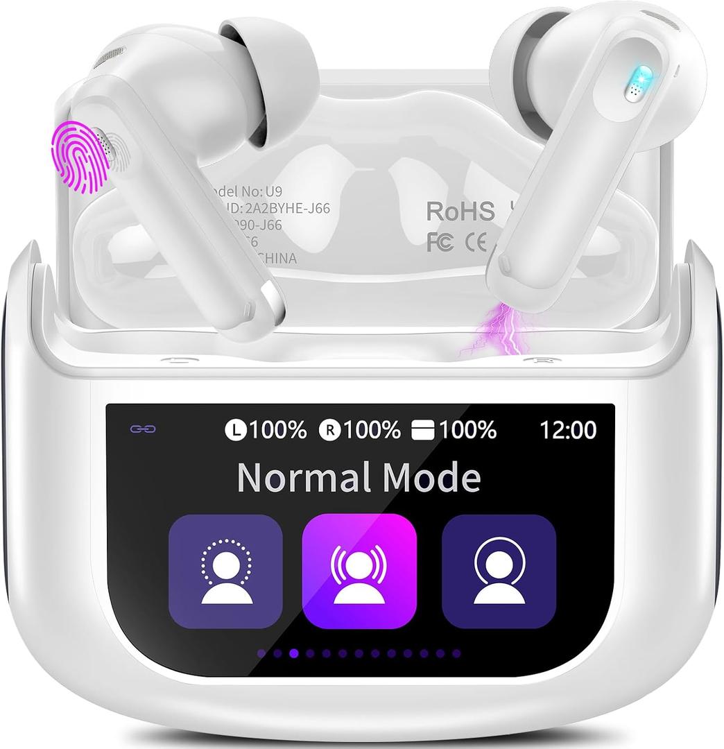 Wireless Earbuds, Bluetooth 5.4 Headphones with Multifunctional Touch Screen, 48H Bass Stereo Ear Buds with ANC/ENC Noise Cancelling/Transparency Mode, IPX7 Earphones with 5 EQ Modes, Milky White
