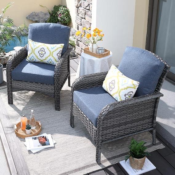 ovios 2 Pieces Patio Furniture Set, Outdoor Wicker Sofa with Chairs, High Back Rattan Chair with Comfy Cushions for Porch Yard Deck, Denim Blue