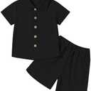 Neutocd Toddler Baby Boy Summer Clothes Cotton Linen Short Sleeve Solid Button Down Shirt Shorts Set Outfits with Pockets, Size 80, Black
