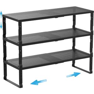 Expandable Spice Rack Kitchen Cabinet Shelf Organizer, Stackable Storage Shelves Racks, Adjustable Counter Shelving for Cabinets, Countertop, Cupboard,Pantry and More(3Packs/Black/Large)