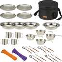 Camping Kitchen Tableware Mess Kit, Bowls&Dishes Set for 4 Person- 31pcs Utensils Set with Plate Spoon Fork Serrated Knife,304 Stainless Steel Bowl&Cup&Dish,Storage Bag,Backpacking, Hiking Picnic