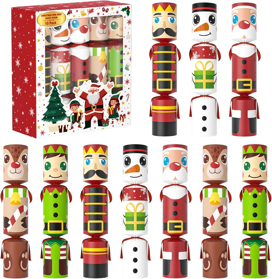 GoFujuco 10 Pack Christmas Crackers for Kids, No Snap Christmas Table Favors Includes Party Hat, Jokes & Gifts, Xmas Gifts Prizes for Holiday Party Decorations