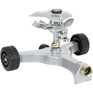STYDDI Metal Pulsating Sprinkler on in-Series Metal Wheeled Base, Adjustable Circular Water Sprinkler for Medium to Large Circular Lawn, Yard, Garden and Large Areas, Coverage up to 6,360 Sq. ft