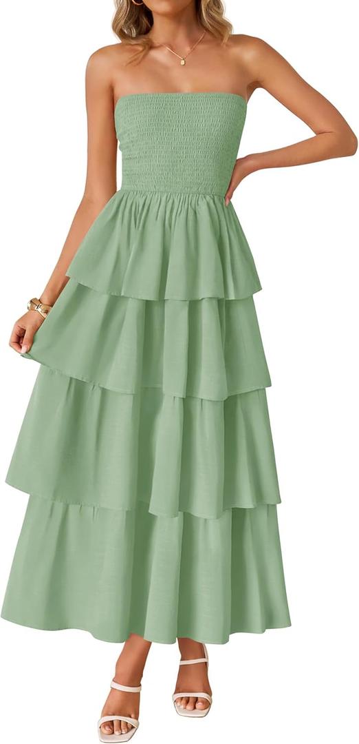 ZESICA Women's Summer Boho Strapless Maxi Dress 2026 Casual Sleeveless Off Shoulder Smocked Tiered Beach Long Sundress (Large, Sage)