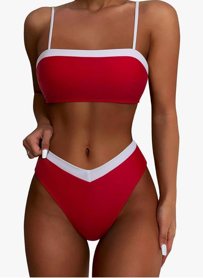 SUUKSESS Women Bandeau High Waited 2 Piece Bikini Set Cheeky High Cut Swimsuit, Size S