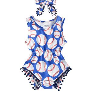 UNICOMIDEA Baby Girls Outfit Newborn Romper Jumpsuits Sleeveless One-Piece Clothes Bodysuit with Headband (Baseball), Size: 2T