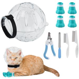 Quixleen Cat Helmet for Grooming Cat Bubble Muzzle Cat Muzzle with 4 Boots Paw Covers 2 Lice Combs 2 Pet Nail Clippers for Cats Grooming Bathing Shaving Nail Trimming
