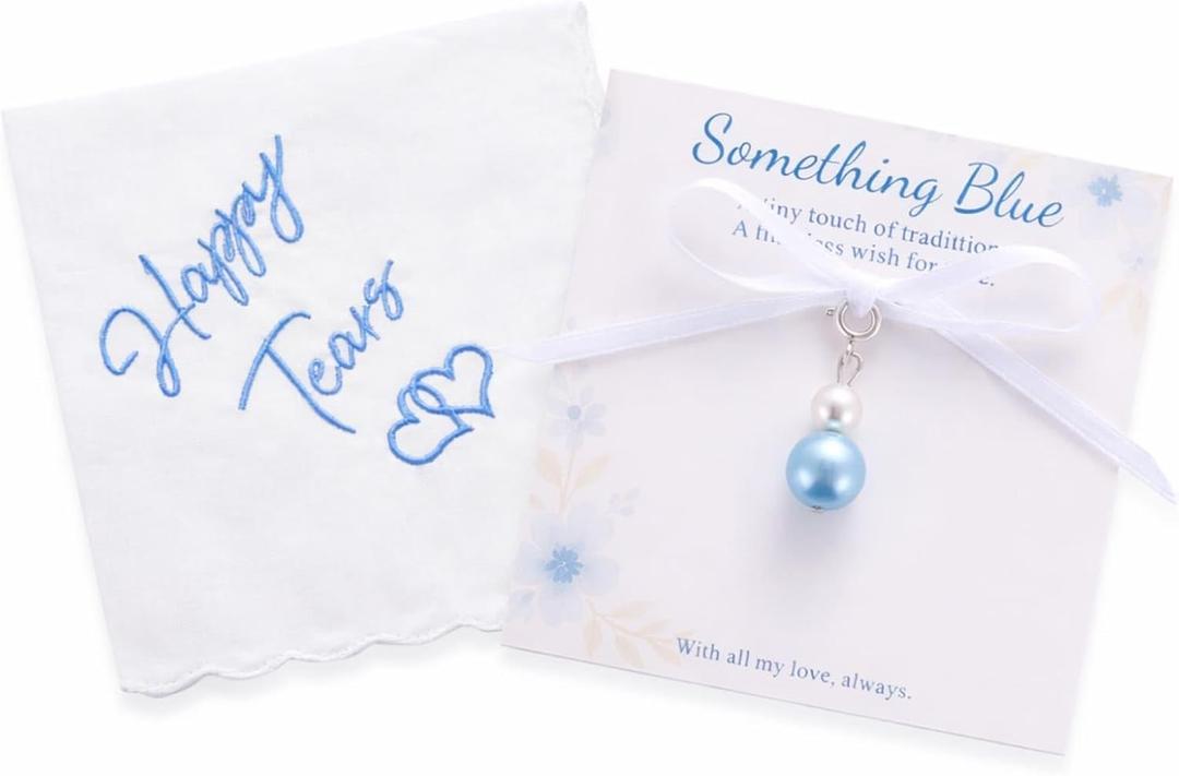 MIXJOY Something Blue Gift for Bride, Wedding Day Bridal Blue Pearl Angel Wings Bouquet Garter Charm for Bride to Be