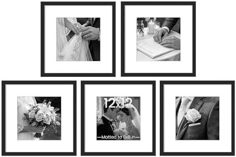 upsimples 12x12 Picture Frame Set of 5, Display Pictures 8x8 with Mat or 12x12 Without, Wall Gallery Poster Frames, Black