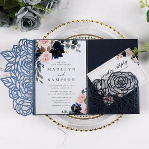 50pcs 250GSM Tri-Fold Wedding Invitations with Envelopes and RSVP Cards Laser Cut Hollow Wedding Invitation Kit for Engagement Bridal Shower Party Invite 5X7 Inch Navy Blue