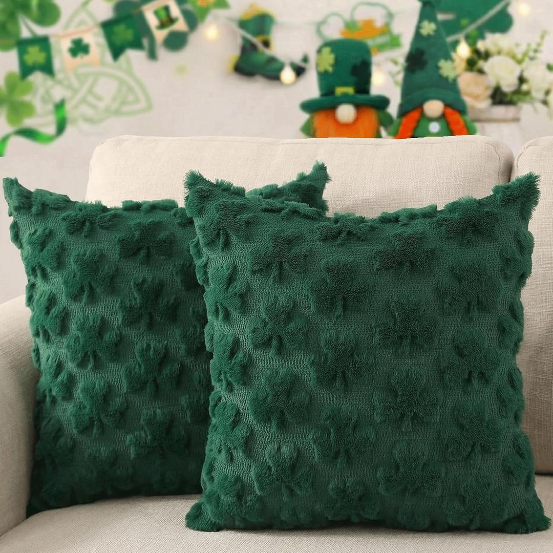 GONOSEED 3Sizes 2 Pack 18"*18" St Patricks Day Pillow Covers St Patricks Day Decorations Green Shamrock Soft Plush Faux Fur Jacquard Throw Pillows for Bedroom Sofa Holiday Festivals Home Decor