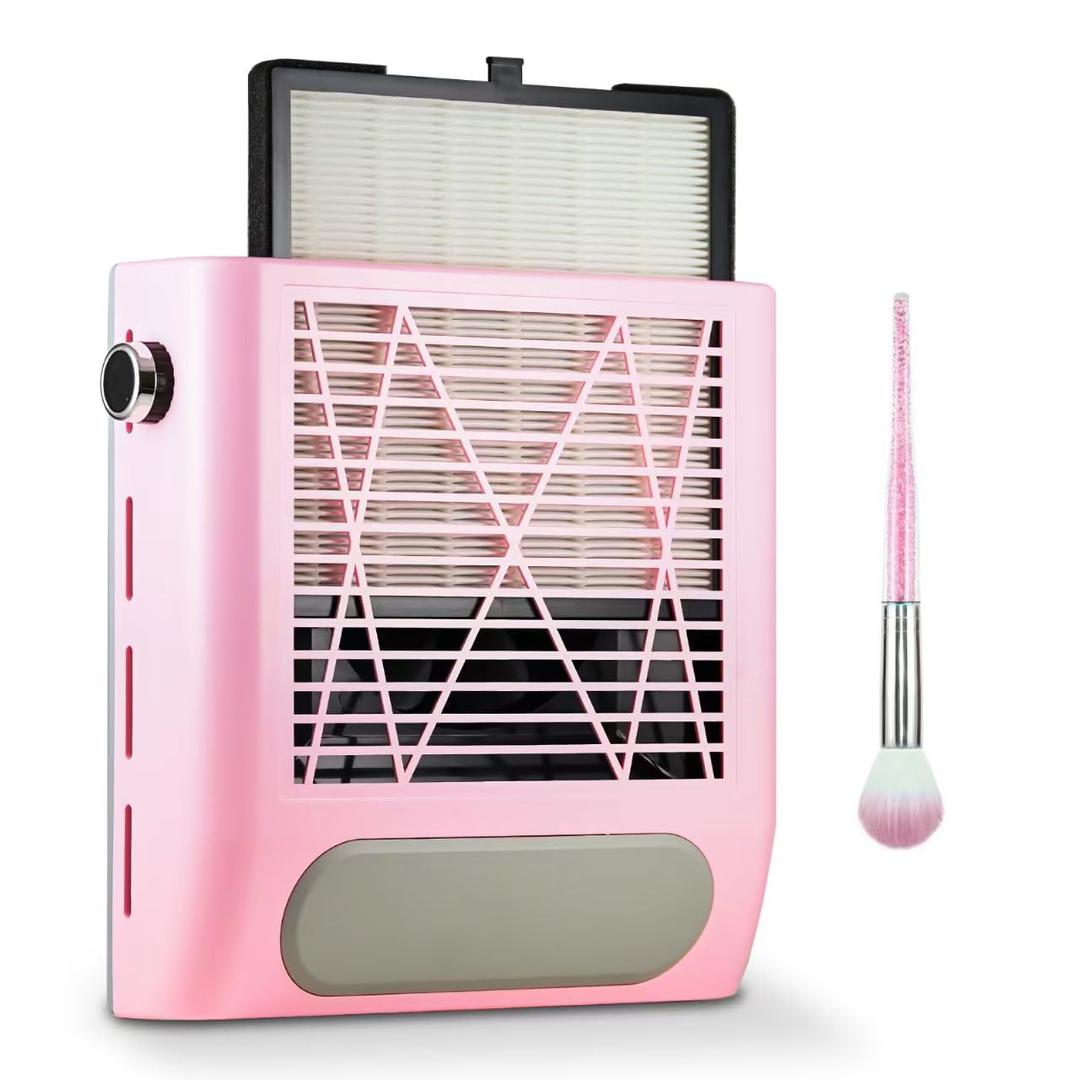 Nail Dust Collector Nail Tech, 80W Powerful Suction Nail Extractor Vacuum with Reusable Filter & Brush, Adjustable Electric Nail Fan Dust Vacuum for Acrylic Gel Nail Polishing Manicure Tool (Pink)