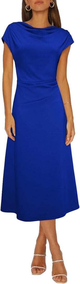 Happy Sailed Women's Spring Summer Short Sleeve Cowl Neck Ruched Waist Flowy A Line Midi Dresses Party Cocktail Dress (Blue, XL)