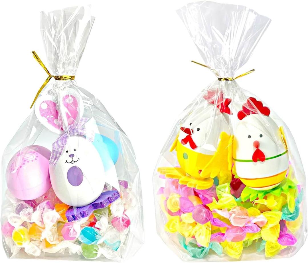 PigPotParty 7"x 10", 100Pcs Bottom Gusset Bags, Clear Cello Cellophane Treat Goodie Bags with 50x Twist Ties, Party Favor Packaging, Gift Mug Wrapping, Food Storage (No Side Gusset)