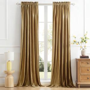 PRIMROSE Golden Curtains 90 inch for Living Room Velvet Blackout Rod Pocket Window Drapes Treatment Semi Room Darkening Decor Curtains for Bedroom, Set of 2 Panels