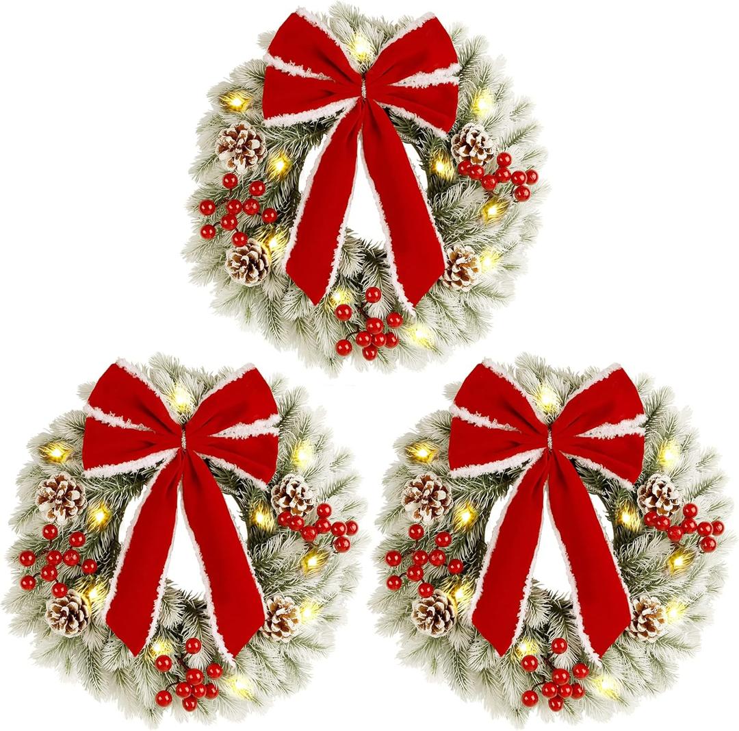 ATDAWN 3 Pcs Mini Christmas Wreath, 15 Inch Outdoor Lighted Christmas Wreath for Front Door, Xmas Wreath for Holiday Christmas Party Decorations