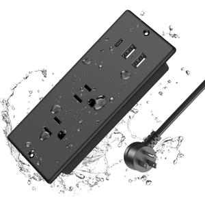 IPX6 Recessed Power Strip Waterproof, HEZI Weatherproof Furniture Flush Mount Power Outlet with 2 Outlets & 3 USB Ports for Bathroom Outdoor, 6FT Cord (ETL Listed) (Black)