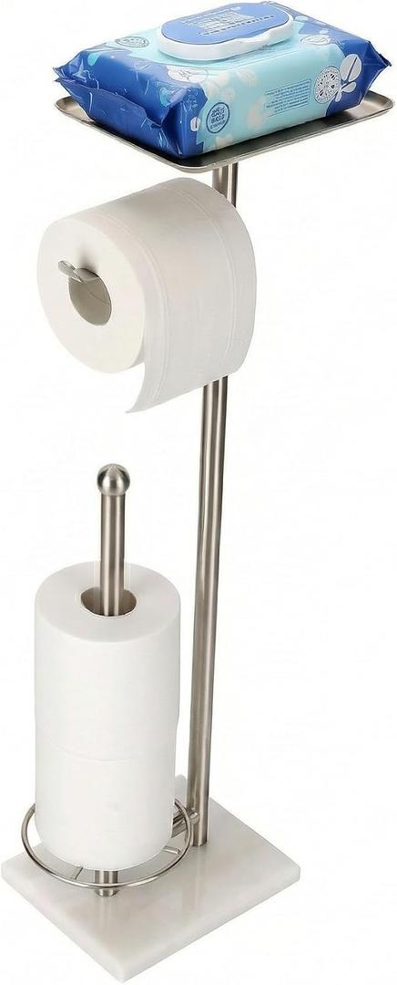 Toilet Paper Holder with Shelf, Free Standing Toilet Paper Holder with Storage - Toilet Paper Stand for Holding Extra 3 Rolls, Tissue Holder for Bathroom (Brushed Nickel with Marble Base)