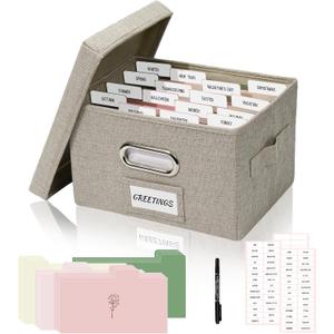 Greeting Card Storage Box, Linen Storage Box with 16 Adjustable Dividers, 84 Labels, 1 Marker Pen, Perfect for Organizing Greeting Cards, Envelopes, Photos 1 Pack Beige