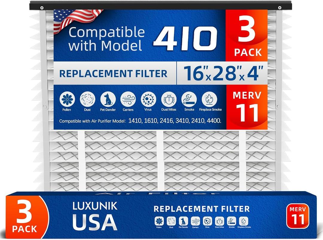410 MERV 11 Air Filter, 16x25x4, Compatible with AprilAire, Luxunik, 3-Pack | 3-Pack Actual size 16.04 x 27.91 x 3.91 in; fits AprilAire 1410, 1610, 2410, 2416, 3410 and 4400; not for 1413 kits.