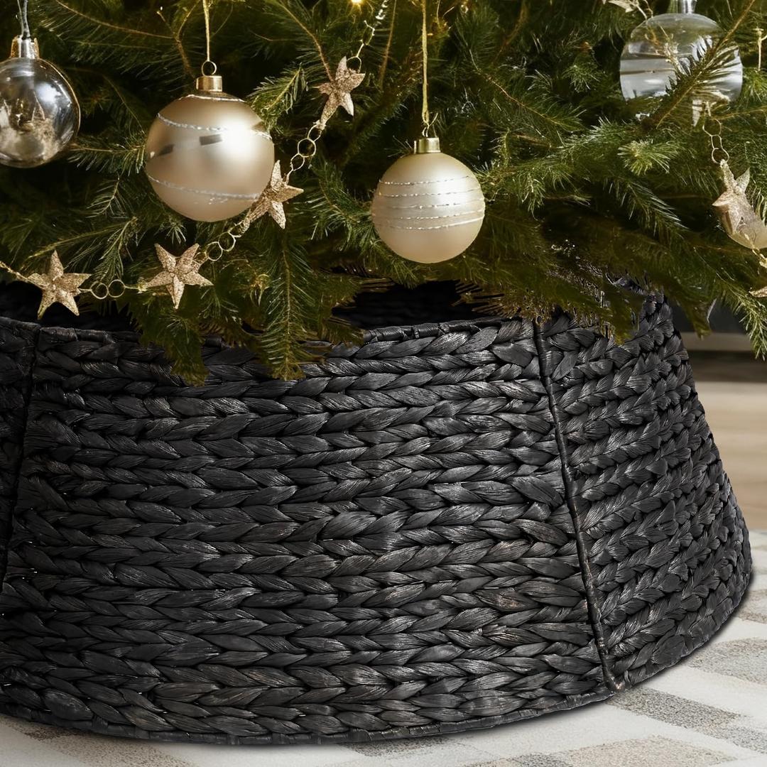 6-Piece Rattan Christmas Tree Collar - 33" Rustic Farmhouse Tree Skirt- Xmas Tree Base Cover for Christmas Decoration- Woven Holiday Tree Ring Accessory for Home, Living Room (Black, 33 in)