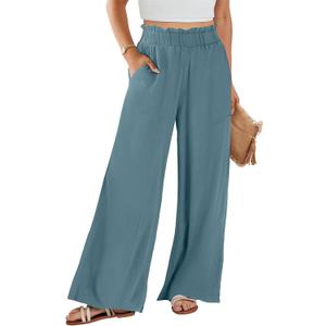 ANRABESS Womens Linen Pants 2025 Summer Casual Loose Wide Leg Palazzo Pants High Waist Flowy Beach Trousers Work Outfits Lake, Small