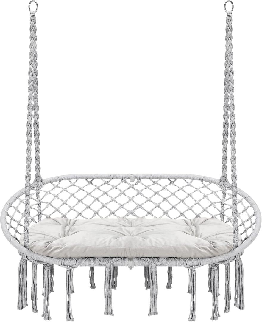 Hammock Chair Macrame Hanging Swing with Cushion,Hanging Cotton Ropes, Metal Frame, 450 lbs Capacity Indoor Outdoor, Patio, Balcony, Living,Deck, Yard, Garden(Double Swing) (Gray)