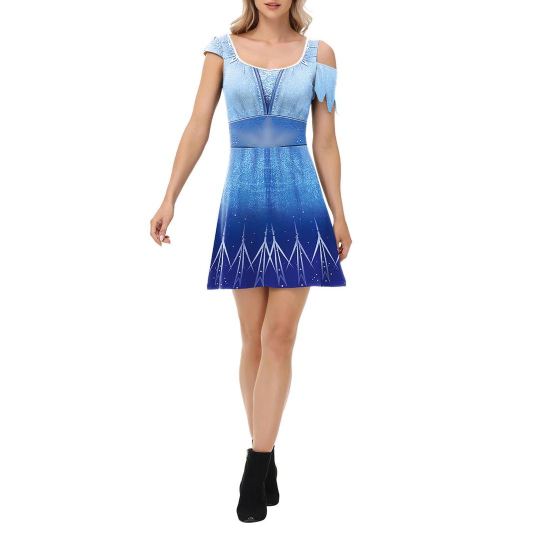 Bemeiren Women's Ugly Christmas Dresses 3D Print Irregular Short Sleeves Scoop Neck Midi Dress for Xmas Holiday Party Glacier Blue
