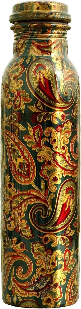 Indian Art Villa copper water bottle, Paisley Design, Green, Perfect for Birthday and Special Occasion Gift, Volume- 30 Oz (30.4 Ounces)