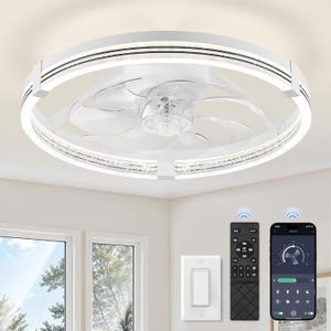 ZMISHIBO Low Profile Ceiling Fans with Lights, Flush Mount Modern Ceiling Fan and Remote Control, 20" LED Ceiling Fans, Stepless Dimmable 3 Colors and 6 Speeds (White)