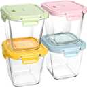 Glass Soup Containers with Lids 32 oz, 4 Cup Borosilicate Glass Food Storage Containers, Microwave & Freezer Safe Jars, Small Square Meal Prep Bowl for Salad, Fruit, Lunch, Ice Cream, Travel, 4 Pack (Pink/Green/Yellow/Blue Lids)