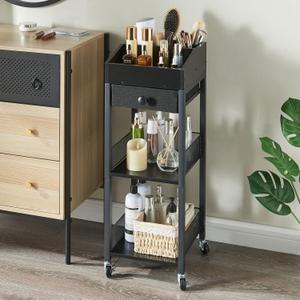 Makeup Organizer Cart,3 Tier Floor Make up Storage Stand with Drawer, Free Standing Skincare Cosmetic Display Holder with Wheels for Vanity Bedroom Dresser Bathroom (Black)