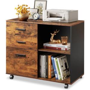 DEVAISE 3 Drawer Mobile File Cabinet, Wood Lateral Filing Cabinet, Printer Stand with Open Shelves for Home Office, Rustic Brown
