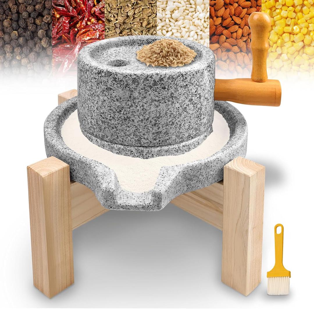 Natural Stone Grain Mill, Manual Granite stone grinder with Wooden Base, 11.75"L x 7.79"W x 7.76"H