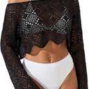 Women's Crochet Swimsuit Cover up Summer Off Shoulder Long Sleeve Hollow Beach Tunic, Bikini Swimwear Cropped Tops (Black) ( One Size )