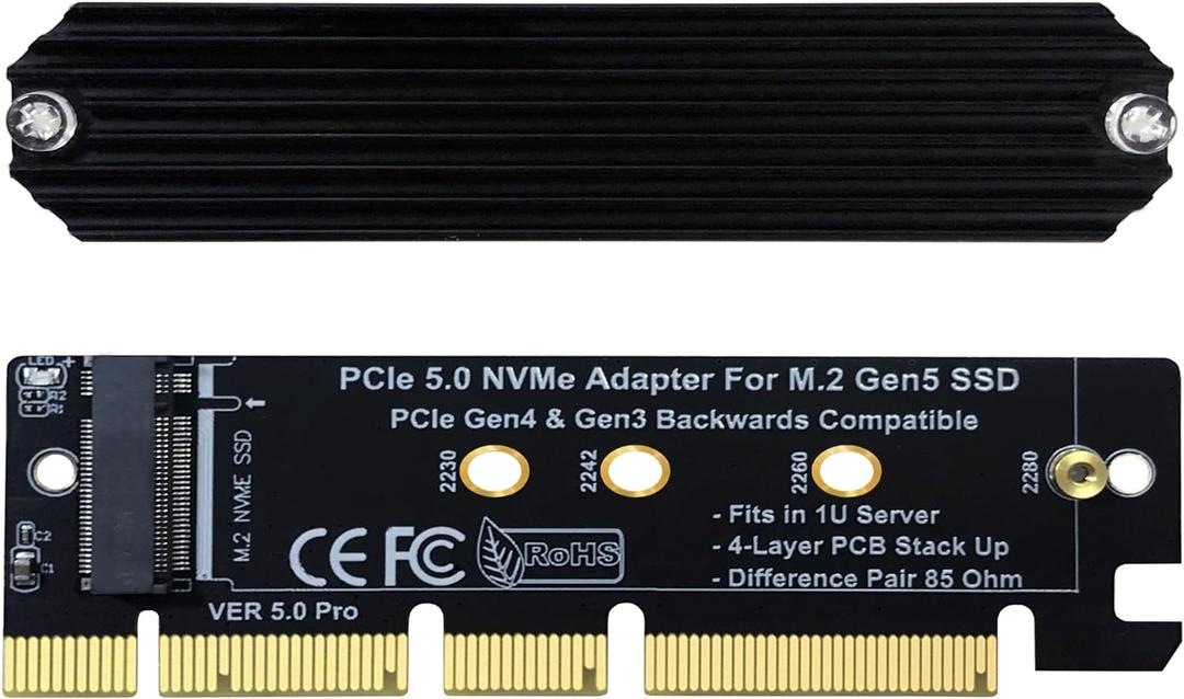 PCIe 5.0 M.2 NVMe Adapter Expansion Card for PCIe5 Gen5 SSD, Backward Compatible with PCIe 4.0/3.0/2.0/Gen4/Gen3, Fits in 1U Server. (X16)