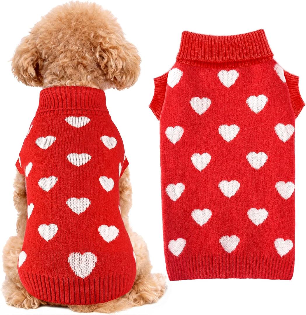 Valentines Dog Sweater Heart Dog Valentines Outfit Soft Warm Knitted Pet Clothes Cold Weather Puppy Clothes for Small Medium Dogs Cats (S (Back: 11",Chest: 14.2", 5-10lbs))