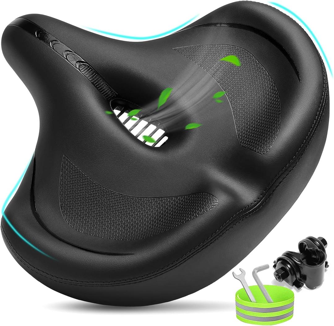 Oversized Bike Seat for Men & Women Comfort, Extra Wide Bicycle Seat Cushion, Comfortable Soft Padded, Large Replacement Bike Saddle for Peloton Bike, Stationary Exercise Bike, City Bike, Ebike (Black)