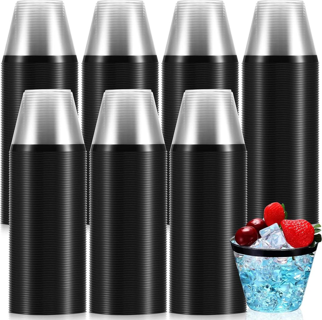 Patelai 200 Pcs Rimmed Plastic Cups 9 oz Disposable Wine Glasses Heavy Duty Plastic Clear Cocktail Cups for Party Wedding Birthday Bridal Baby Shower Holiday Celebrations Supplies(Black)