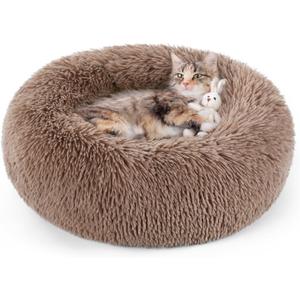 rabbitgoo Cat Beds for Indoor, 20 inches Machine Washable, Fluffy Round Pet Bed Non-Slip, Calming Soft Plush Donut Cuddler Cushion Self Warming for Small Dogs Kittens, Light Brown, Medium (20"l X 20"w X 4.7"th)