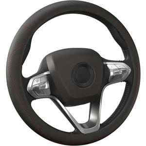 HOTOR Car Steering Wheel Cover - Universal Car Accessory for Diverse Cars, Durable Leather Cover with Anti-Slip Lining, for Steering Wheel with a Diameter of 14.5"-15", Black with Red line (Standard Size [14.5"-15"])