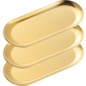 3 Pack Gold Trays for Decor, Stainless Steel Decorative Tray, Small Vanity Tray for Bathroom, Elegant Jewelry Tray for Holding Perfume, Keys, Wallet, Business Cards, Candle, Oval