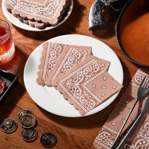 150 Pcs Western Bandana Napkins Cowboy Party Supplies Bandana Paisley Print Paper Napkins Scalloped Edged Disposable Supplies for Cowboy Cowgirl Birthday Wedding Rodeo Party Decors(Pink)
