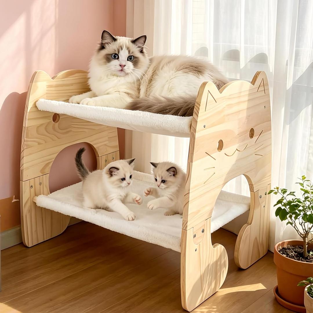 Extra Large 2 Layer Cat Bed, Pine Wooden Bunk Hammock Bed with Soft Breathable Washable Cover, Elevated Pet Bed for Cats Rabbit, 24.5x17.32x20.1 inch