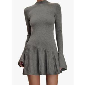Women's Sweater Dress Long Sleeve Mock Neck Crochet Flared Ruffle Hem A-Line Pleated Mini Dress, L