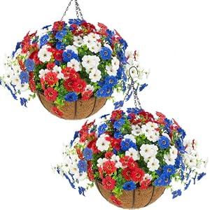 Hananona 2 Set Artificial Outdoor Flowers with Hanging Basket, 2 Hanging Planters with 24 Pcs Patriotic Flowers for Summer Front Porch Patio 4th of July Decor (Red, White, Blue)